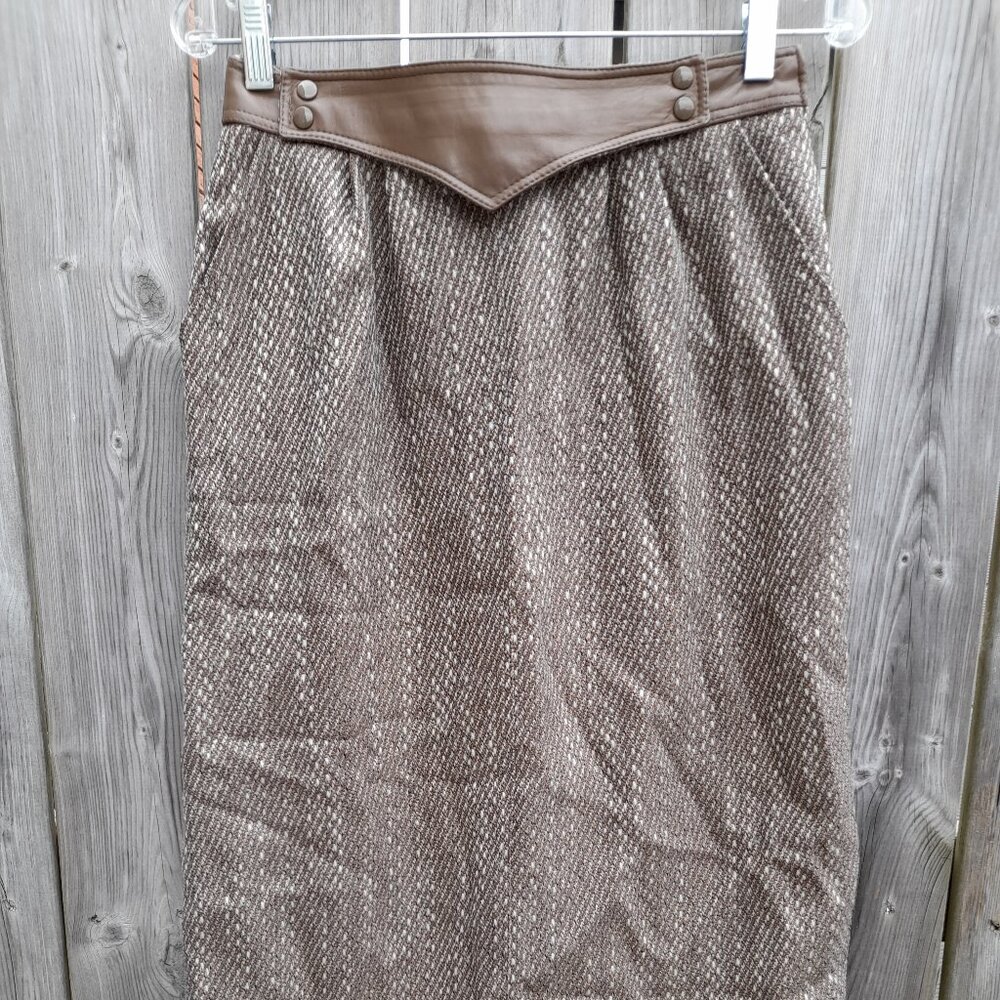 Vintage 80s Tweed Wool Skirt Leather 27"W Dark Academia Creation Hans Erras